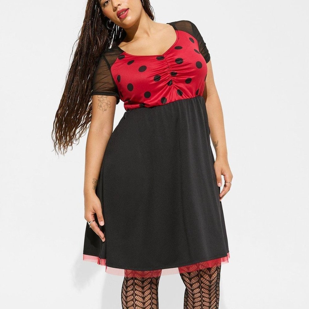 ❤️NWT TORRID RED BLACK POLKA DOT MINI DRESS POCKETS MESH & TULLE